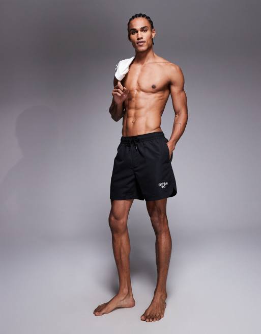ASOS DESIGN swim shorts in mid length with embroidery in black, 2 of 5