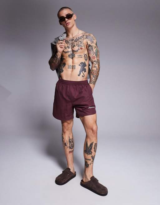ASOS DESIGN swim shorts in mid length with embroidery in burgundy, 2 of 4