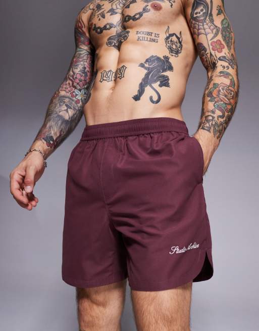 ASOS DESIGN swim shorts in mid length with embroidery in burgundy, 3 of 4