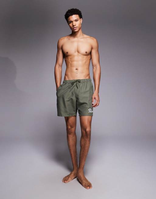 ASOS DESIGN swim shorts in mid length with embroidery in khaki green, 2 of 5
