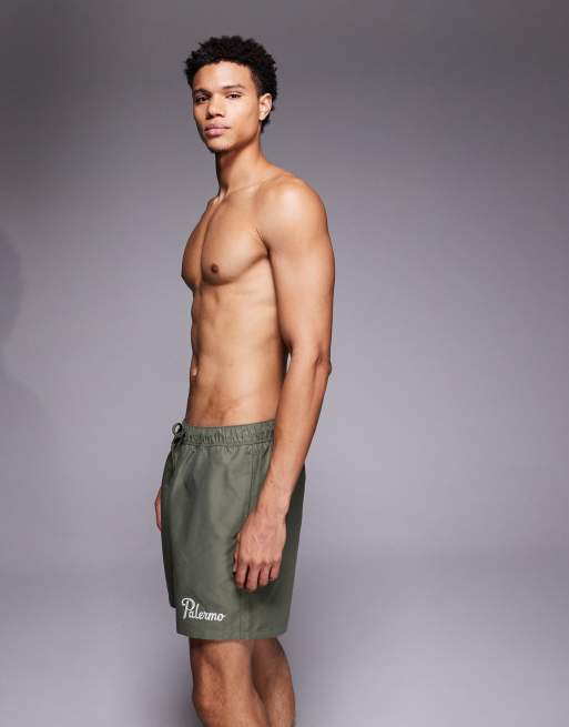 ASOS DESIGN swim shorts in mid length with embroidery in khaki green, 3 of 5