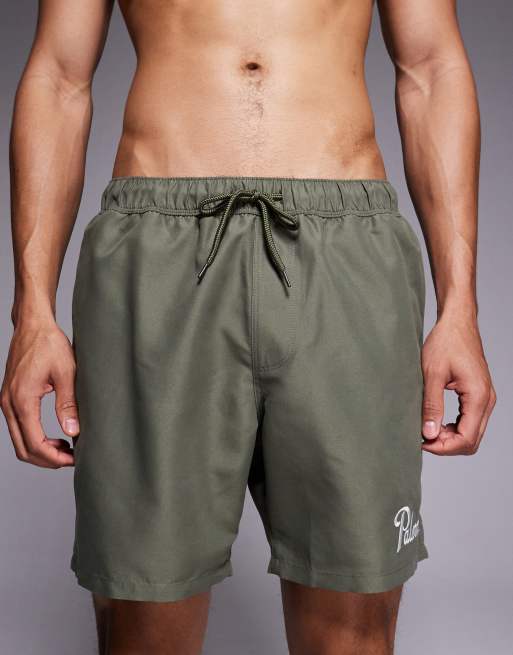 ASOS DESIGN swim shorts in mid length with embroidery in khaki green, 4 of 5