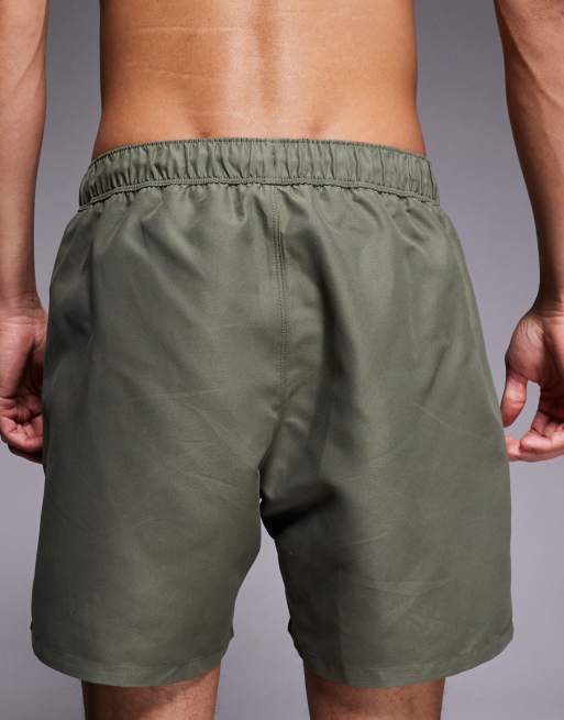 ASOS DESIGN swim shorts in mid length with embroidery in khaki green, 5 of 5
