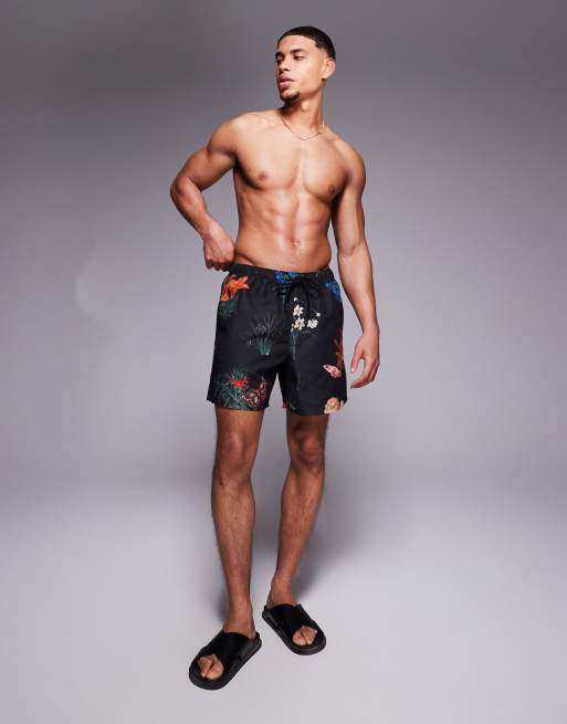 ASOS DESIGN swim shorts in mid length with floral print in black, 4 of 4