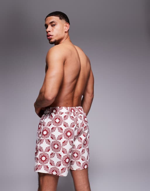 ASOS DESIGN swim shorts in mid length with geo print in stone, 3 of 4
