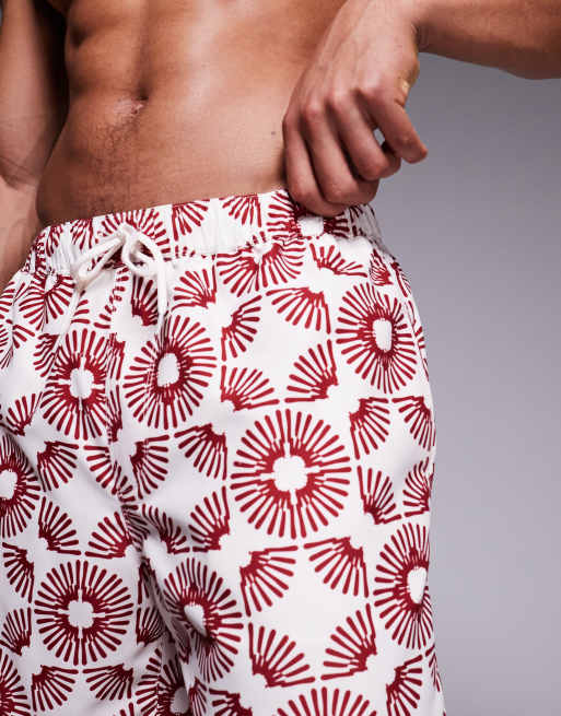 ASOS DESIGN swim shorts in mid length with geo print in stone, 4 of 4