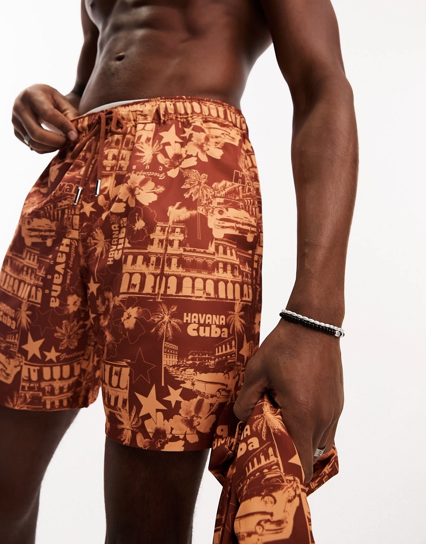 Asos Design Swim Shorts In Mid Length With 'havana' Print - Part Of A Set-multi