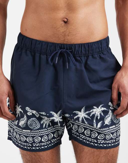 ASOS DESIGN swim shorts in mid length with placement print in navy, 4 of 5