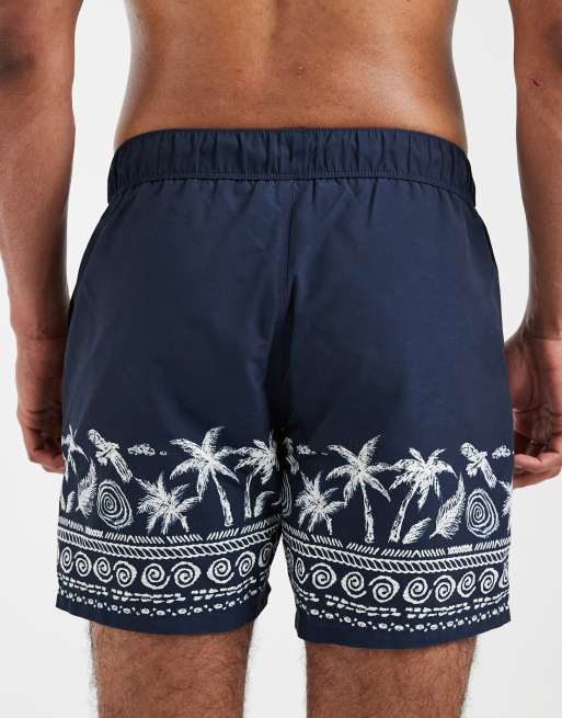 ASOS DESIGN swim shorts in mid length with placement print in navy, 5 of 5