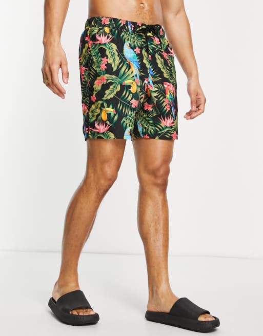 ASOS DESIGN swim shorts in mid length with toucan print in black, 2 of 4
