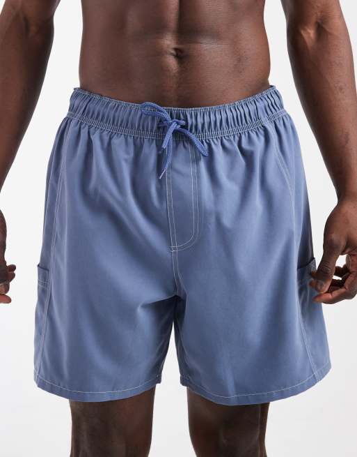 ASOS DESIGN swim shorts in mid length with utility styling in blue with contrast stitch, 4 of 5