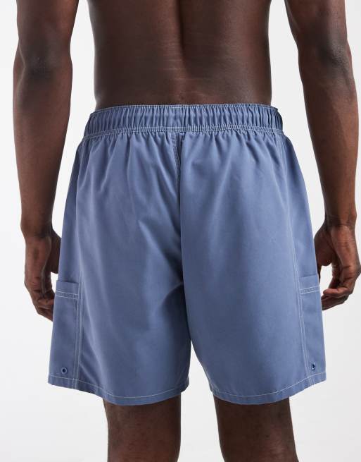 ASOS DESIGN swim shorts in mid length with utility styling in blue with contrast stitch, 5 of 5