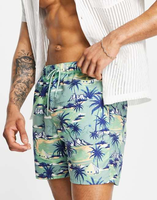 Men's Retro Boardshorts in Green Palm Trees