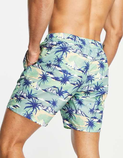 Men's Retro Boardshorts in Green Palm Trees