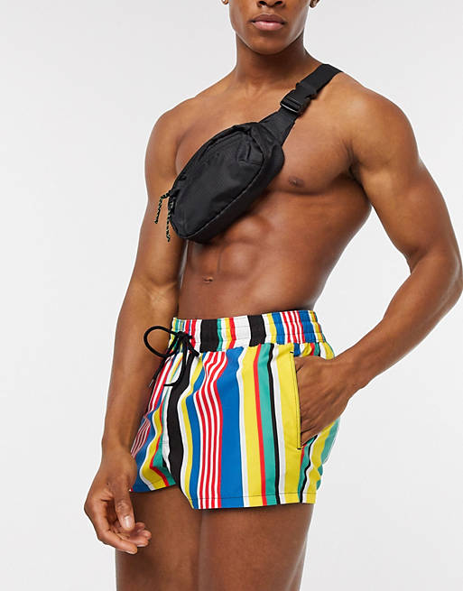ASOS DESIGN swim shorts in multi colored stripe super short length