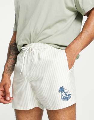 ASOS DESIGN swim shorts in navy stripe with beach print short length - ASOS Price Checker