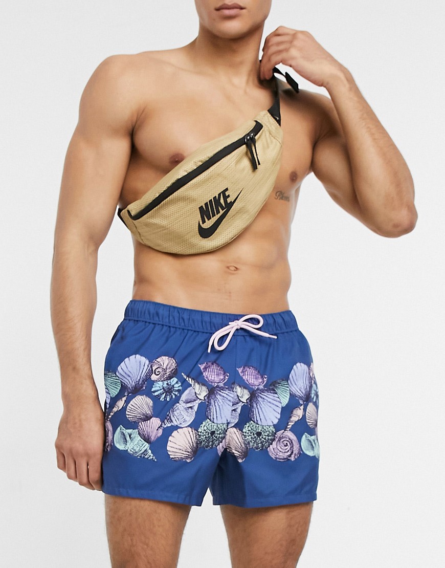 ASOS DESIGN swim shorts in navy with central shell placement print in short length