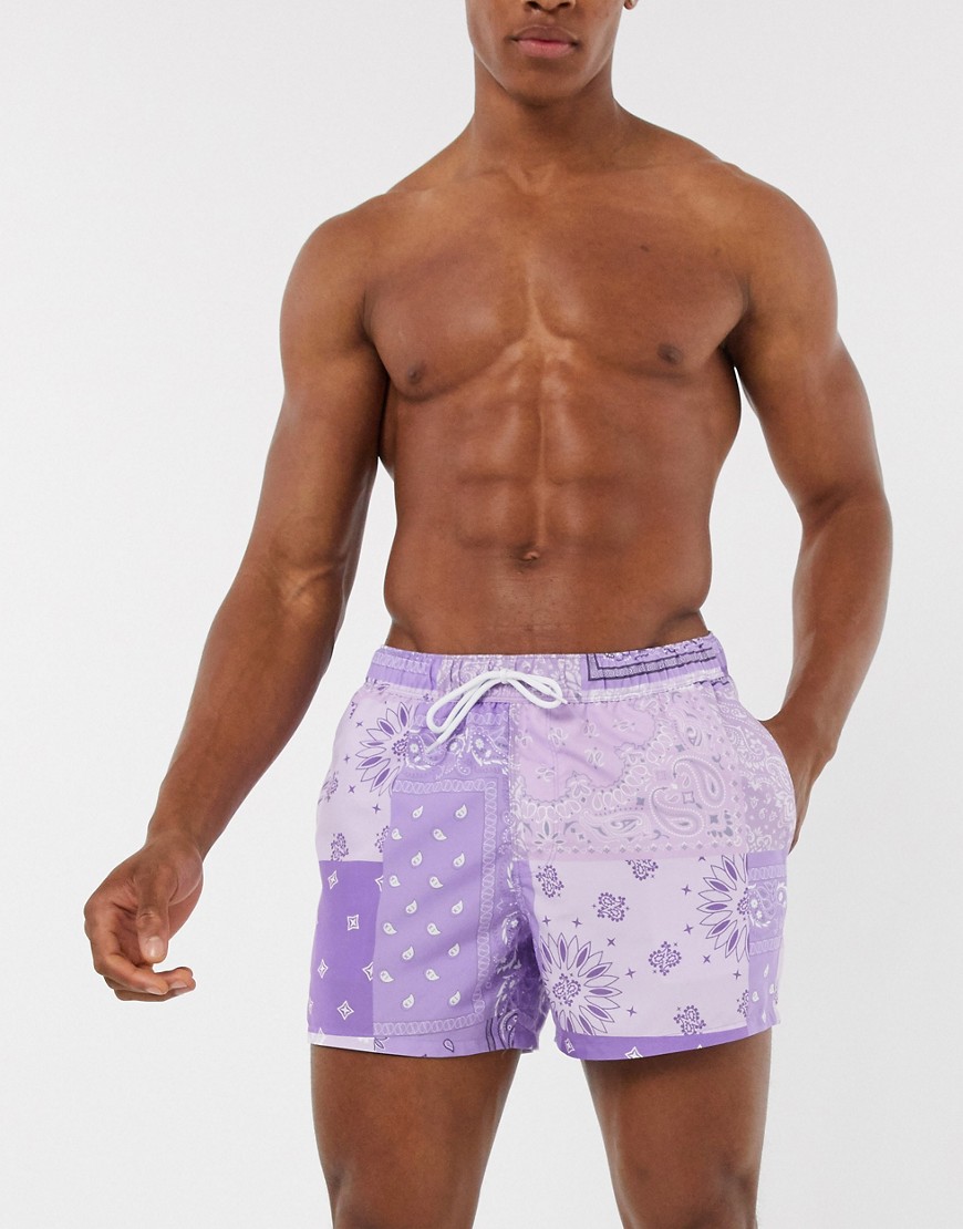 ASOS DESIGN swim shorts in paisley patchwork short length-Multi