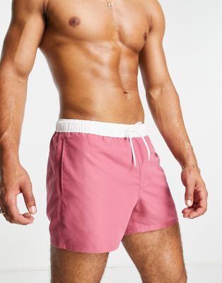 ASOS DESIGN swim shorts in pink with white tipping short length
