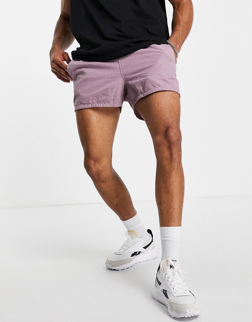 ASOS DESIGN swim shorts in purple seersucker short length