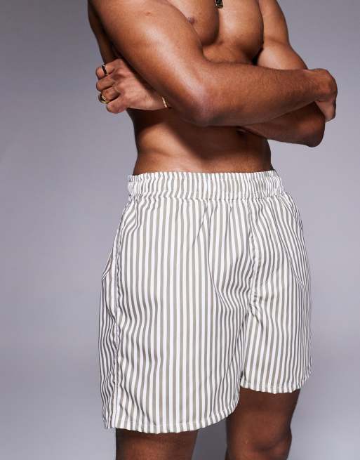 ASOS DESIGN swim shorts in short length in beige stripe, 3 of 4