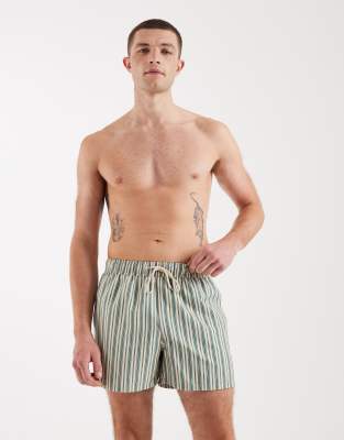 ASOS DESIGN swim shorts in short length in beige with green pattern stripe-Neutral