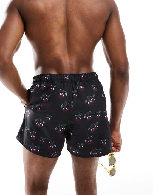 ASOS DESIGN swim shorts in short length in black cherry print, 4 of 4