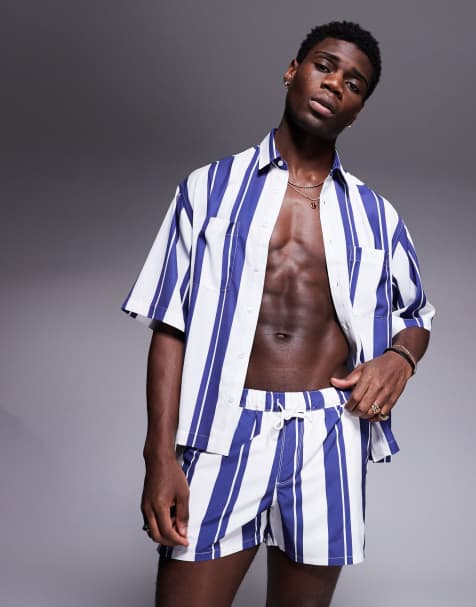 ASOS DESIGN swim shorts in short length in blue stripe - part of a set - view 1