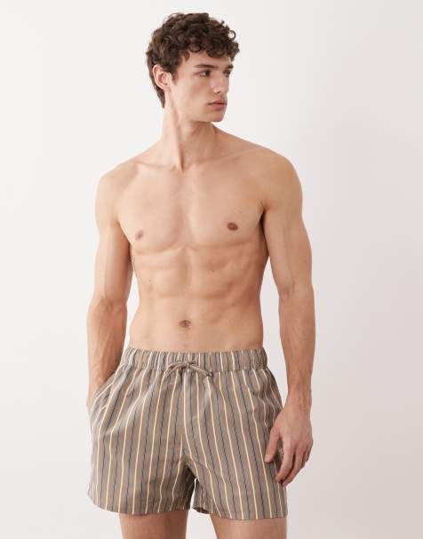 ASOS DESIGN swim shorts in short length in brown stripe with embroidery - view 1