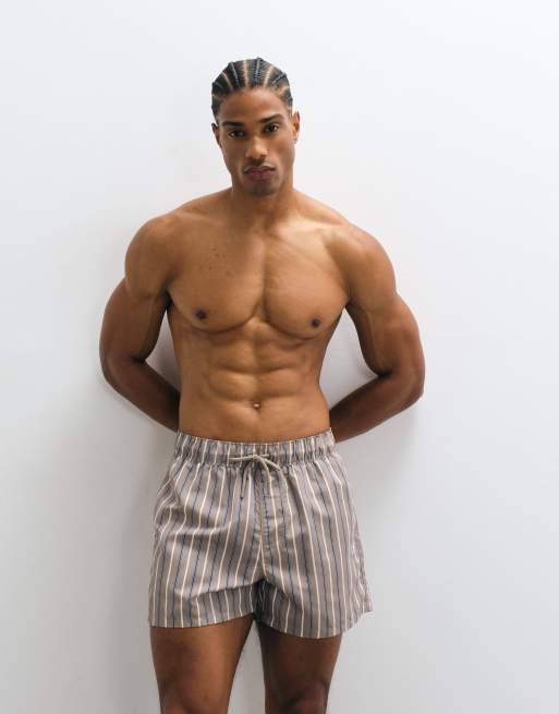 ASOS DESIGN swim shorts in short length in brown stripe with embroidery, 3 of 5
