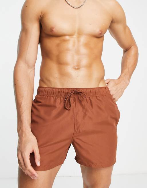 ASOS DESIGN swim shorts in short length in brown ASOS