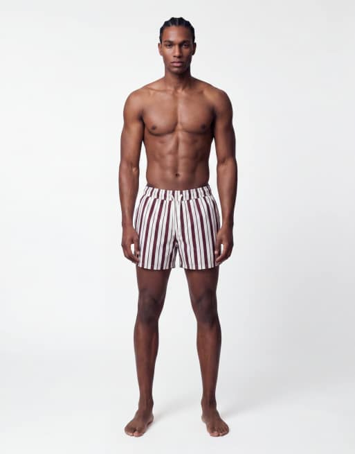 ASOS DESIGN swim shorts in short length in burgundy and white stripe, 2 of 5