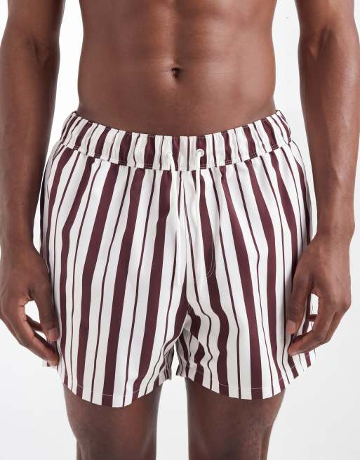 ASOS DESIGN swim shorts in short length in burgundy and white stripe, 3 of 5