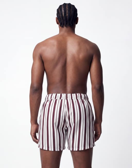 ASOS DESIGN swim shorts in short length in burgundy and white stripe, 5 of 5