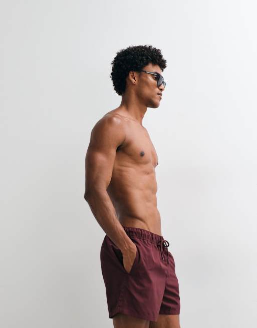 ASOS DESIGN swim shorts in short length in burgundy, 2 of 5