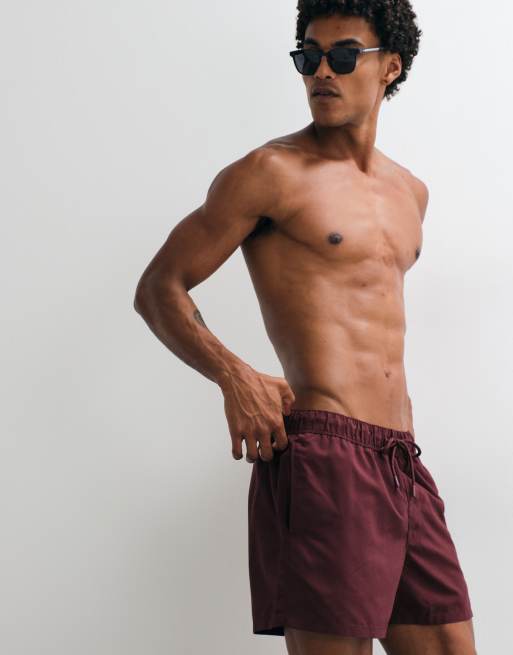 ASOS DESIGN swim shorts in short length in burgundy, 5 of 5