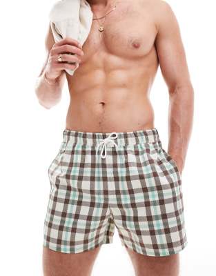 ASOS DESIGN ASOS DESIGN swim shorts in short length in check print-Brown