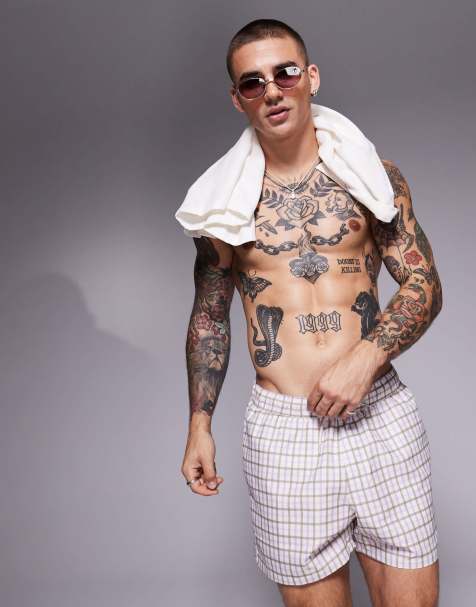 ASOS DESIGN swim shorts in short length in check - view 1