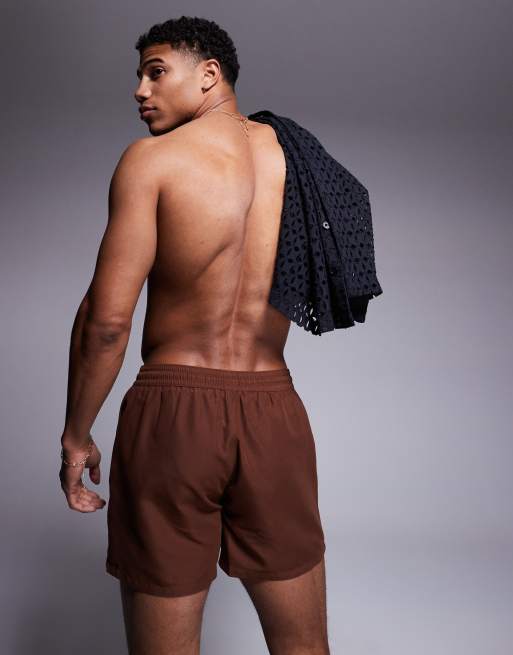 ASOS DESIGN swim shorts in short length in dark brown