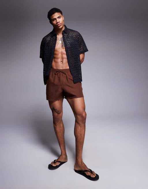 ASOS DESIGN swim shorts in short length in dark brown