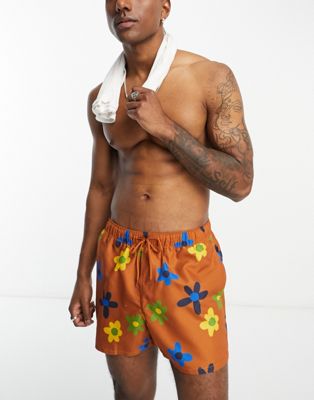 ASOS DESIGN swim shorts in short length in floral print in brown - ASOS Price Checker