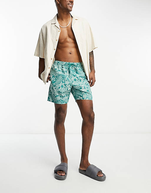 ASOS DESIGN swim shorts in short length in floral print in green | ASOS