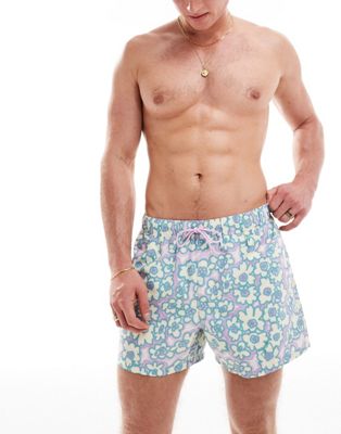 Asos Design Swim Shorts In Short Length In Floral Print-purple
