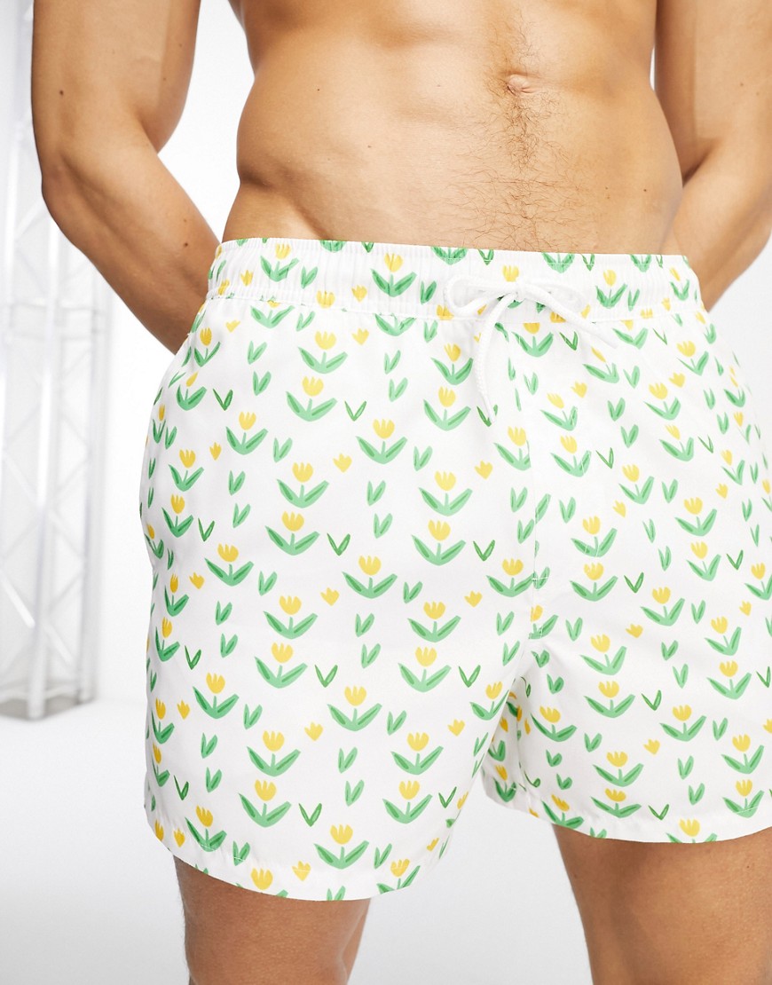 Asos Design Swim Shorts In Short Length In Flower Print-multi