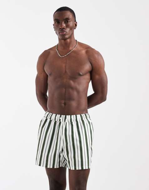 ASOS DESIGN swim shorts in short length in green and white stripe - view 1