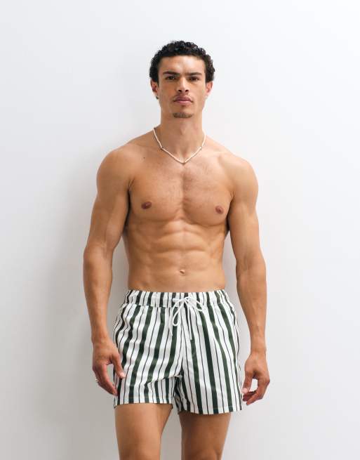 ASOS DESIGN swim shorts in short length in green and white stripe, 3 of 7