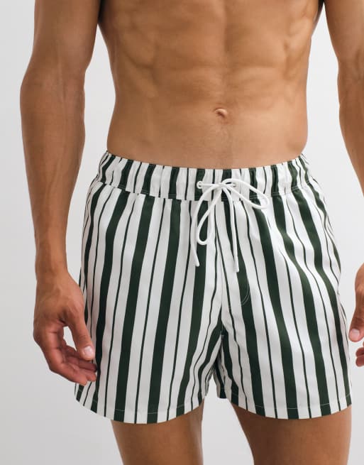 ASOS DESIGN swim shorts in short length in green and white stripe, 4 of 7