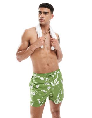 Asos Design Swim Shorts In Short Length In Green Floral Print