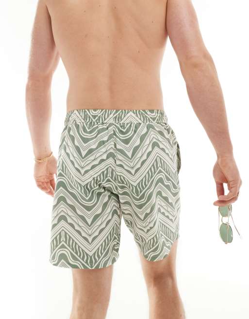 ASOS DESIGN swim shorts in short length in green geo print , 2 of 4