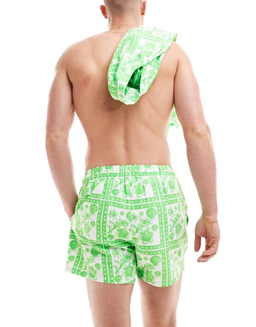 ASOS DESIGN swim shorts in short length in green print  , 3 of 4